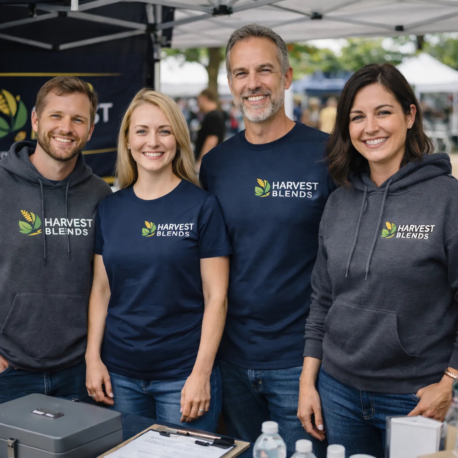 Custom branded promotional apparel including logo shirts and hoodies worn by event staff at an outdoor vendor booth.