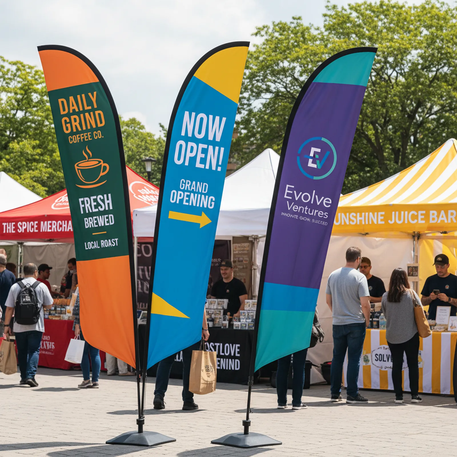Custom printed feather flags with business branding at outdoor market - promotional event signage helping vendors stand out
