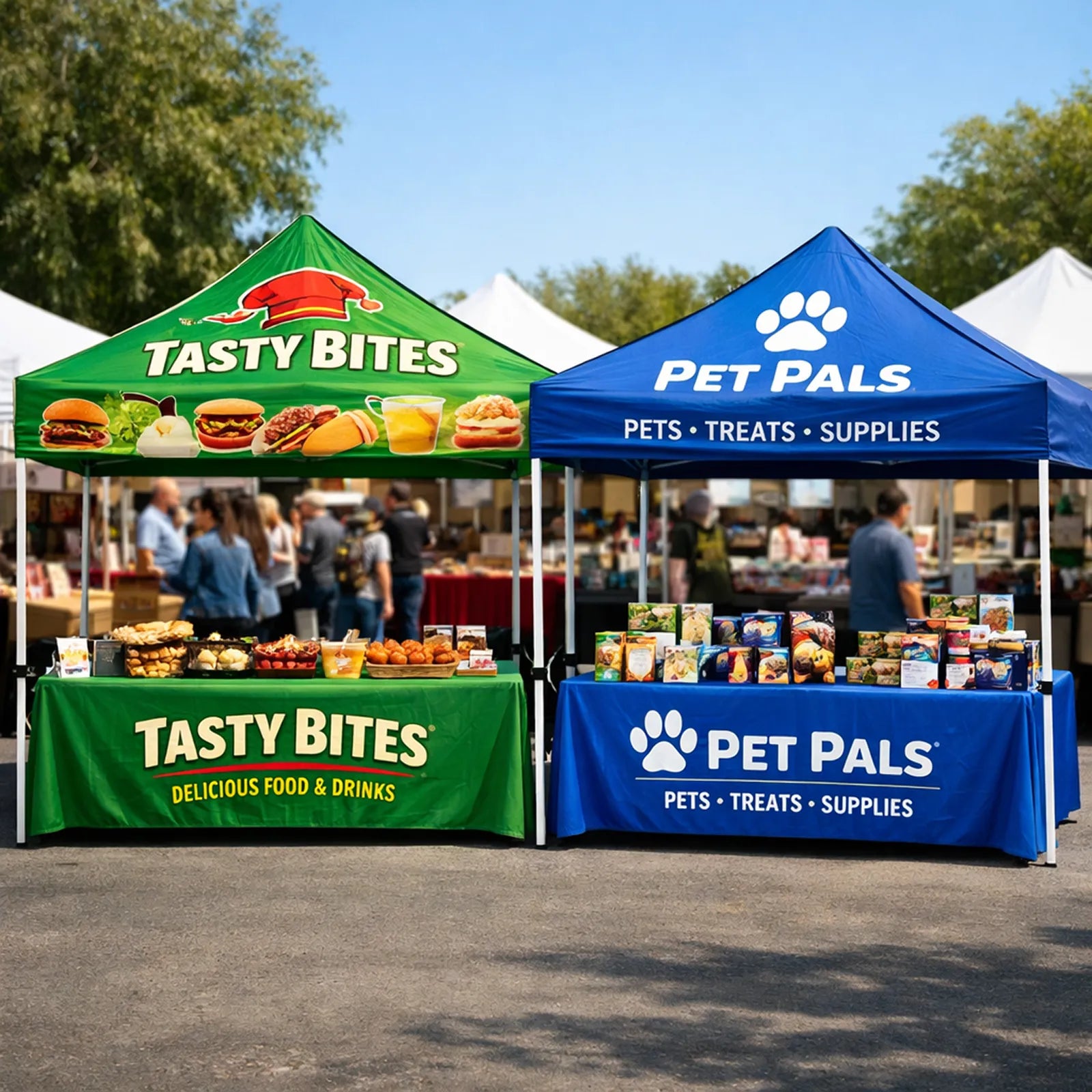 Custom pop-up canopy tents with full-color branding displayed at an outdoor market event
