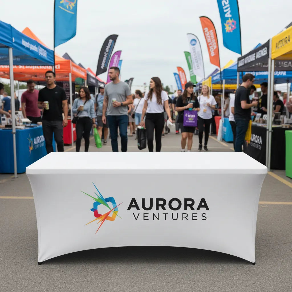 Custom stretch-fit table cover with vibrant logo branding at trade show booth - professional event marketing display
