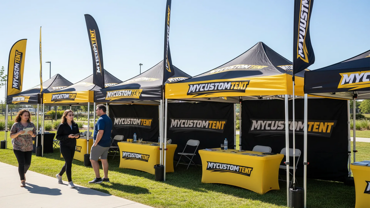 Custom branded canopy tents at an outdoor event