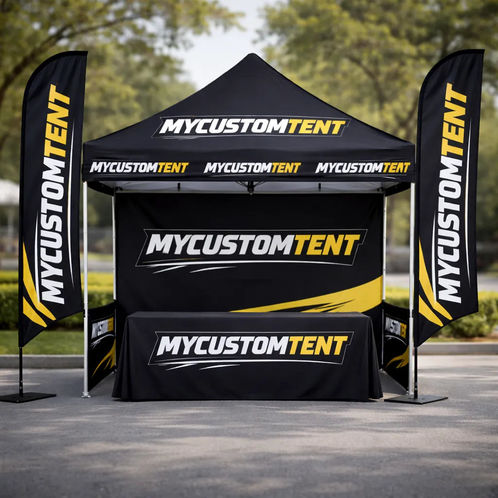 MyCustomTent complete branded event setup with custom canopy tent, backwall, table cover, and feather flags"