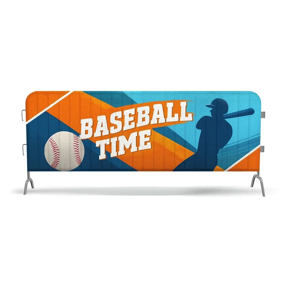Custom Crowd Barrier Covers showing the available product format and example artwork