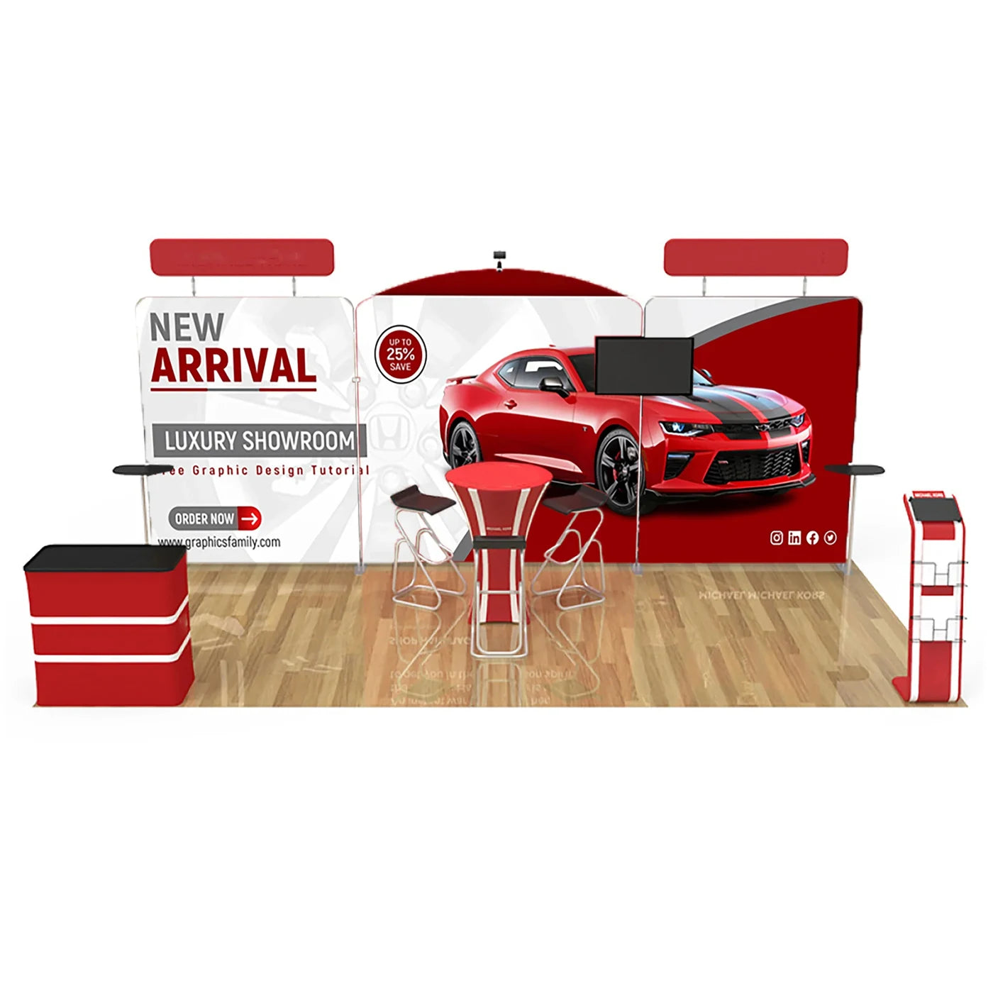 10 × 20 trade-show example with coordinated backdrop graphics, counters and a monitor display