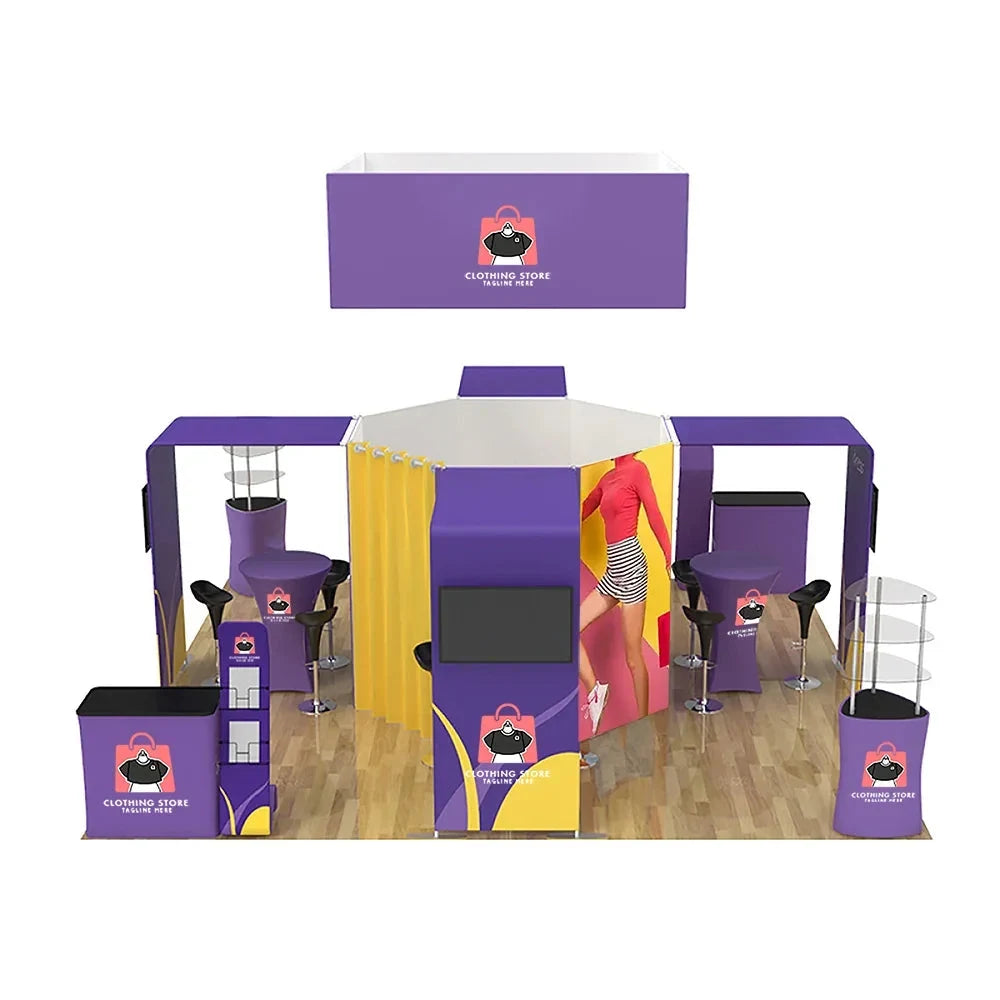 20 × 20 event booth example with several branded display faces, counters and an overhead graphic
