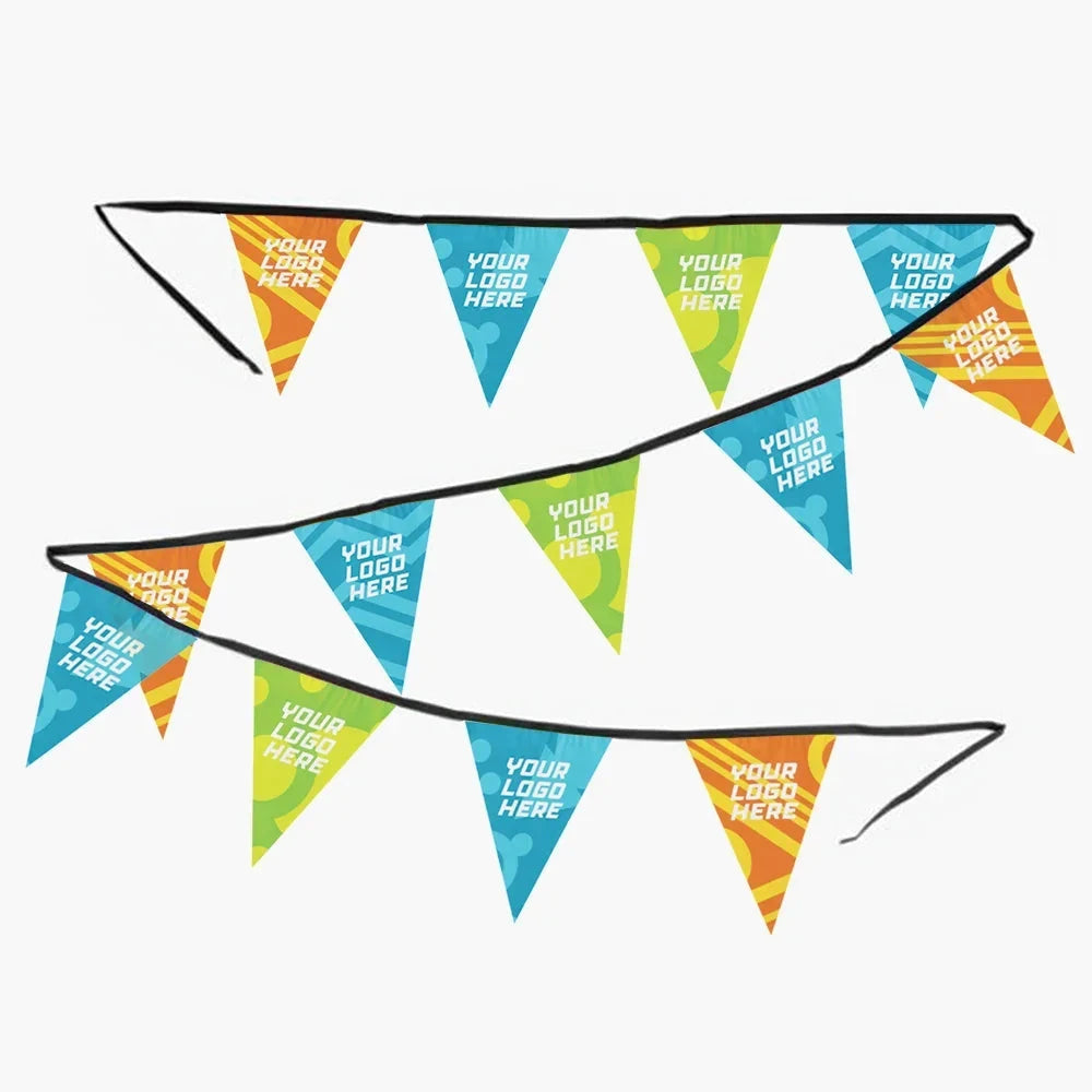 String of event bunting with printed triangular flags