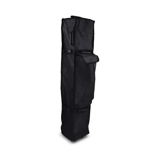 Upright black tent frame roller bag with straps and handles