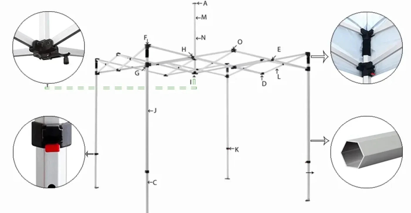 Expanded aluminum tent frame with illustrated hardware details