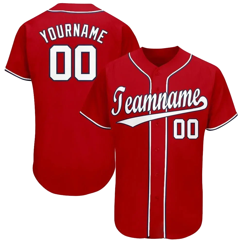 Front and back of a red custom button-down baseball jersey with sample team name and number
