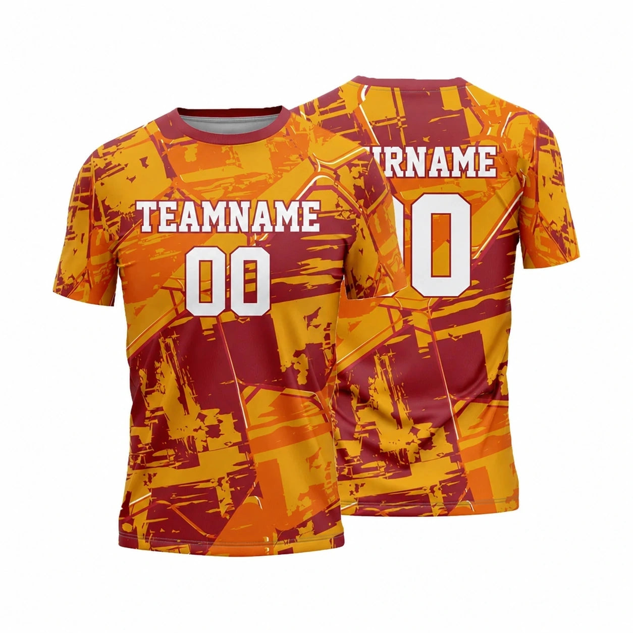 Front and back of a gold crew-neck custom T-shirt with sample team name and number