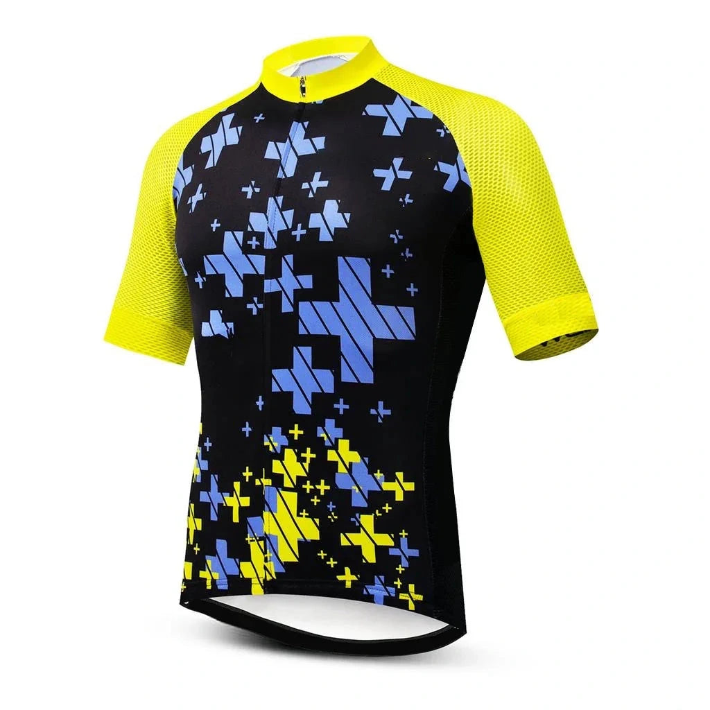 Yellow and black short-sleeve cycling jersey with sample patterned artwork