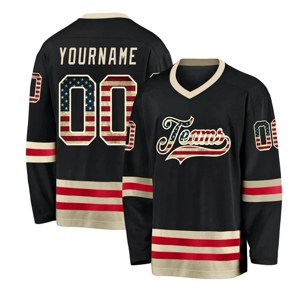 Front and back of a black hockey-style fan jersey with sample name and number