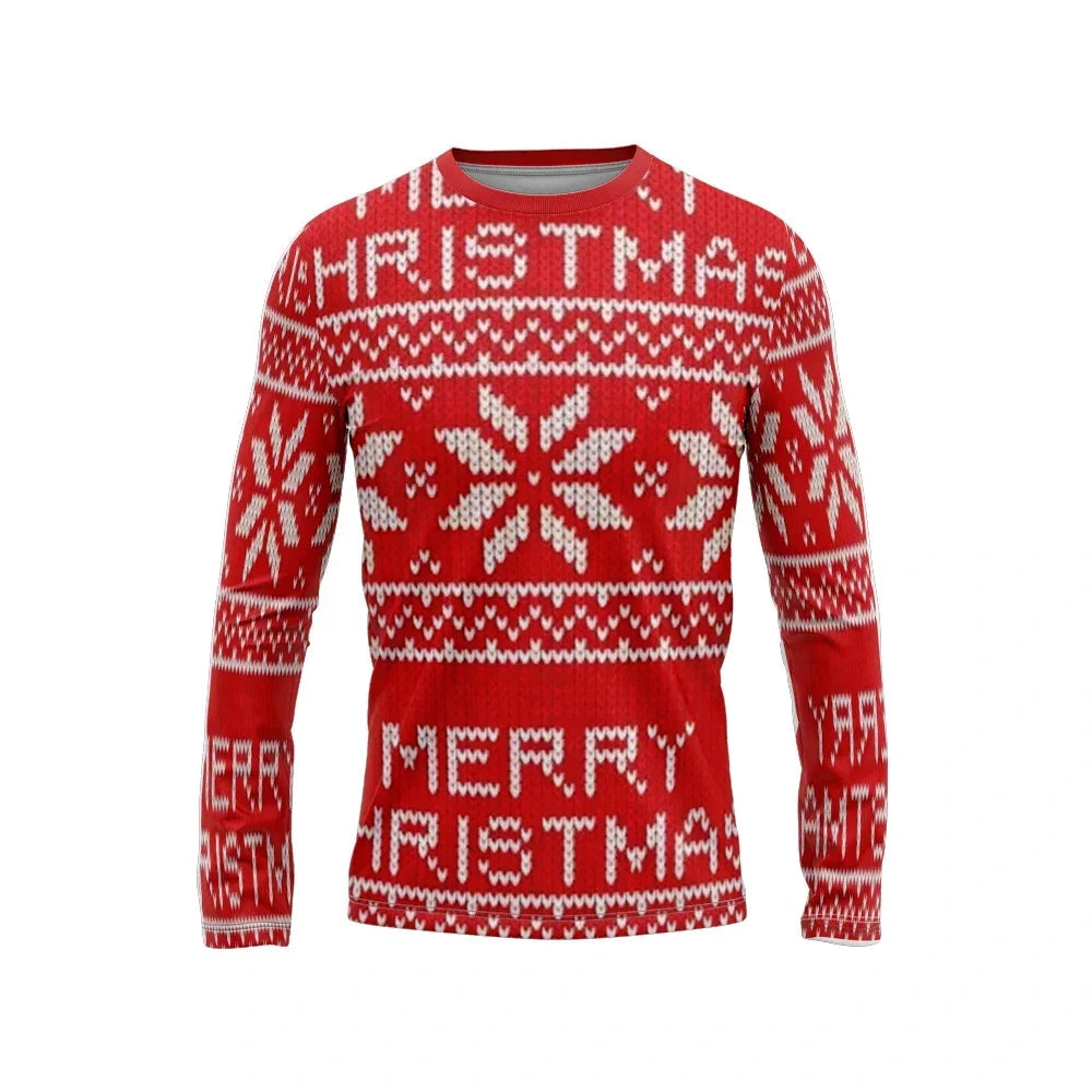 Red long-sleeve crew-neck jersey with a sample holiday pattern