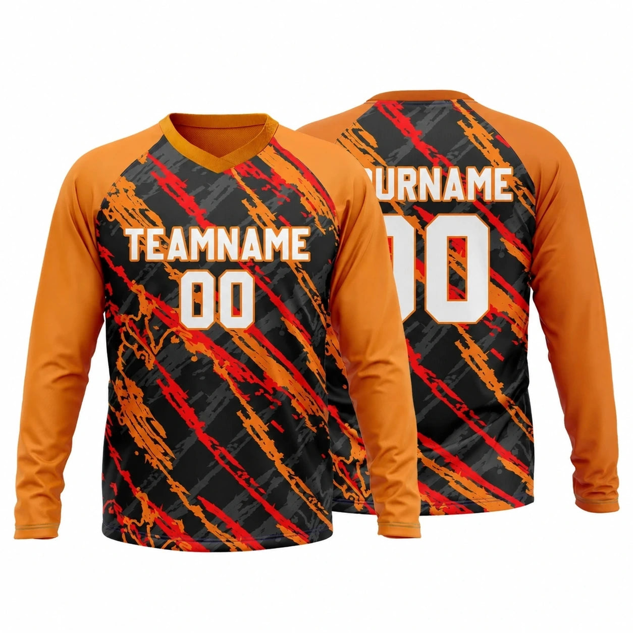 Front and back of an orange and black custom long-sleeve V-neck jersey