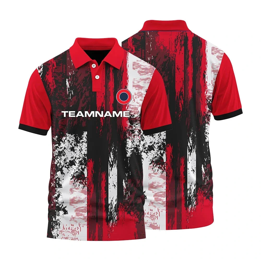 Front and back of a red and black custom collared sport polo