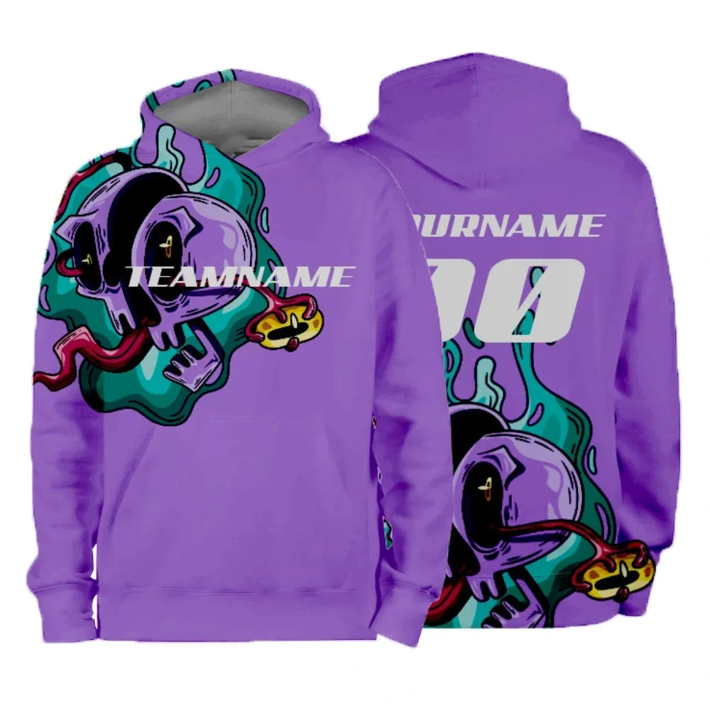 Front and back of a purple custom pullover hoodie with sample team graphics