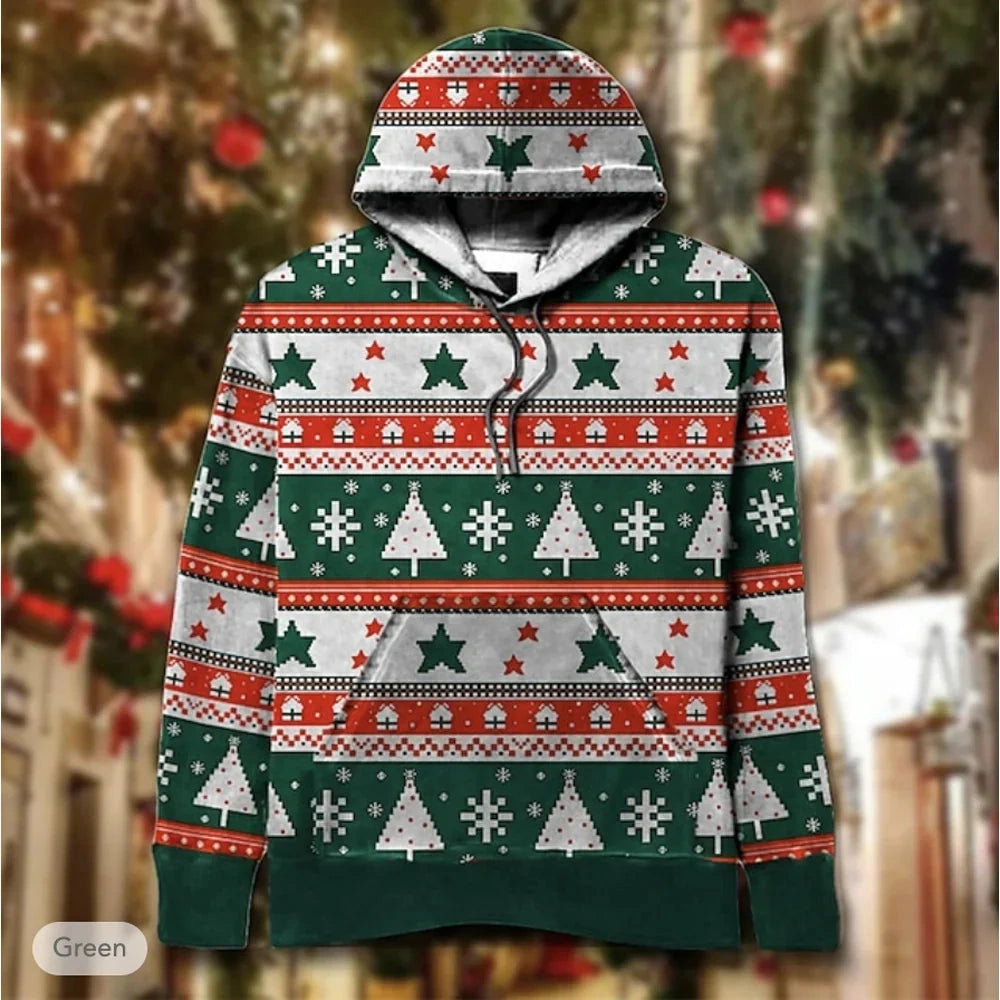 Back of a custom hoodie with a sample holiday pattern