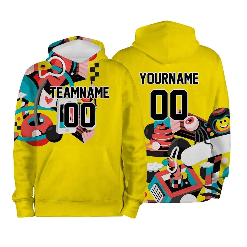 Front and back of a yellow custom pullover hoodie with sample team name and number