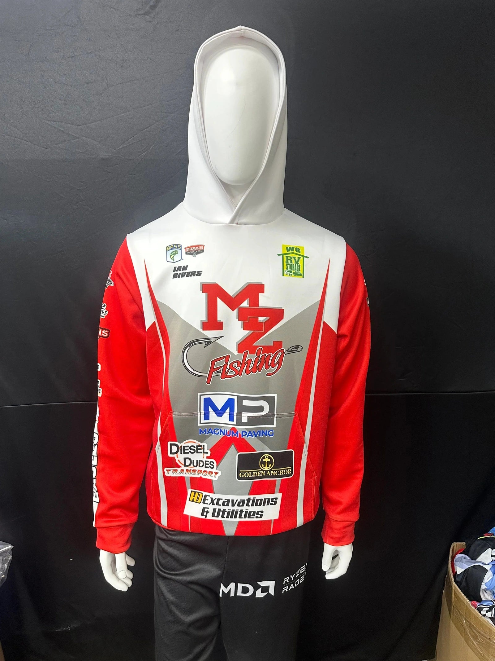 Front of a red and white custom pullover hoodie on a mannequin