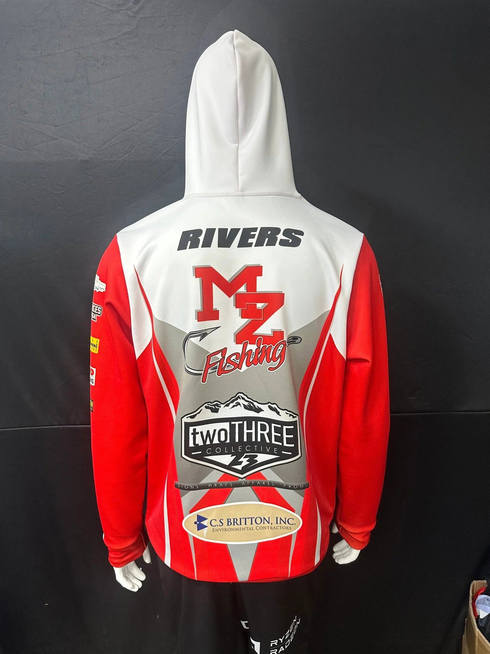 Back of a red and white hoodie with sample name and sponsor graphics