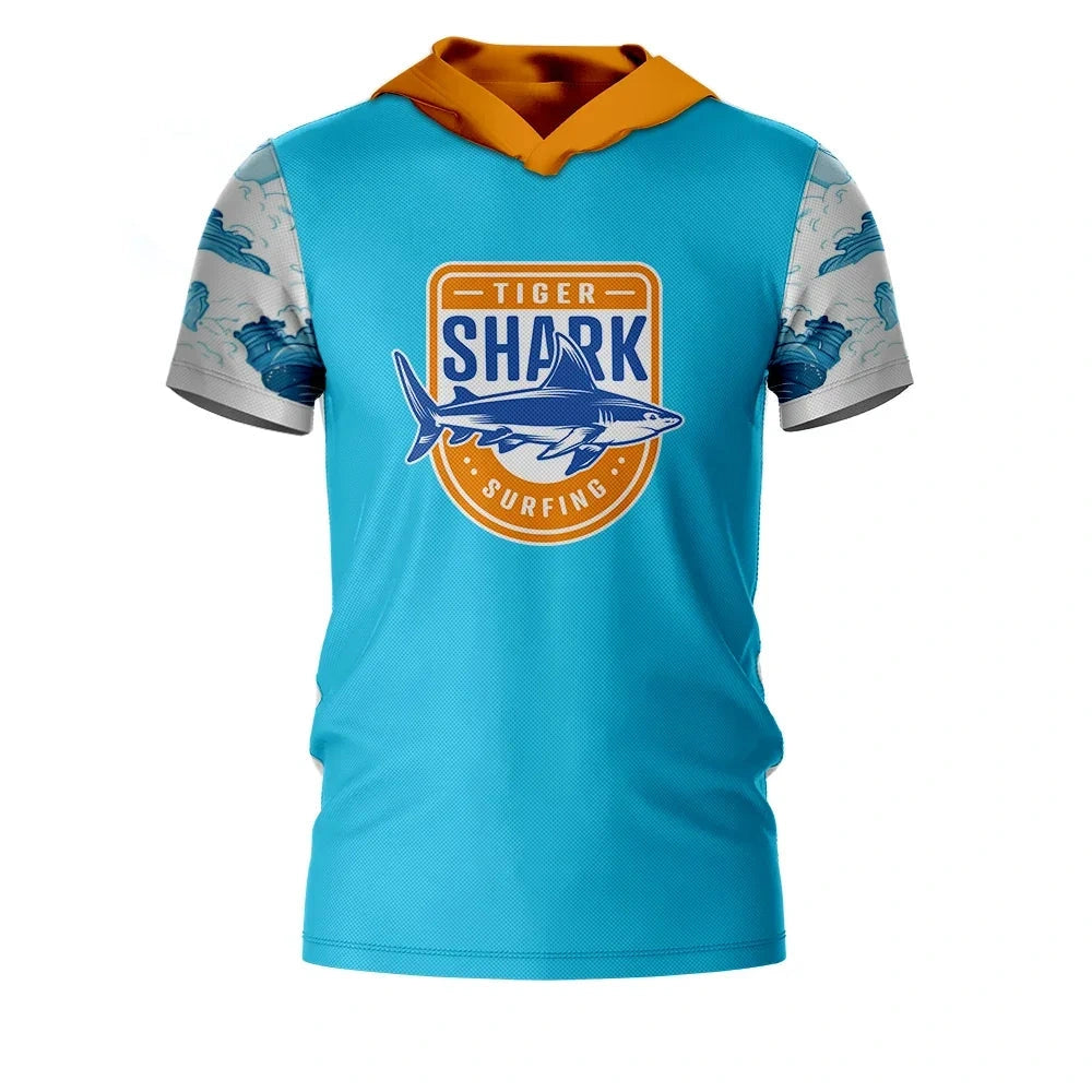 Blue short-sleeve hooded shirt with a sample shark graphic