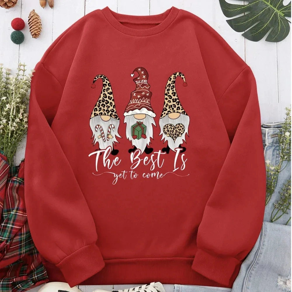 Red crew-neck sweatshirt with sample holiday artwork