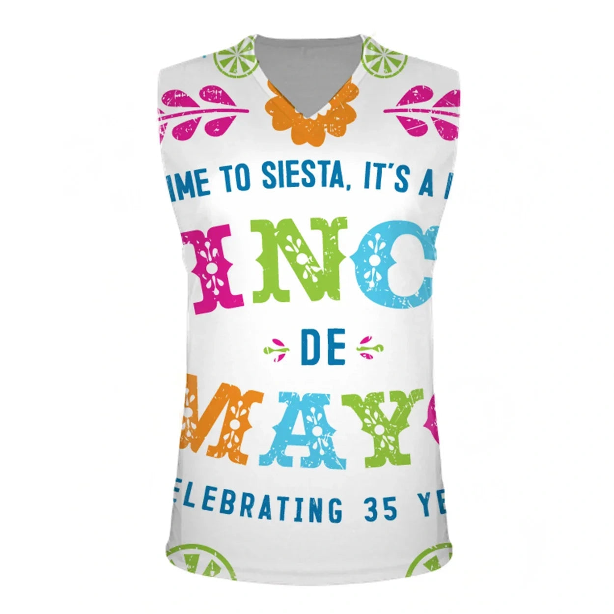 White V-neck sleeveless jersey with a colorful sample event design