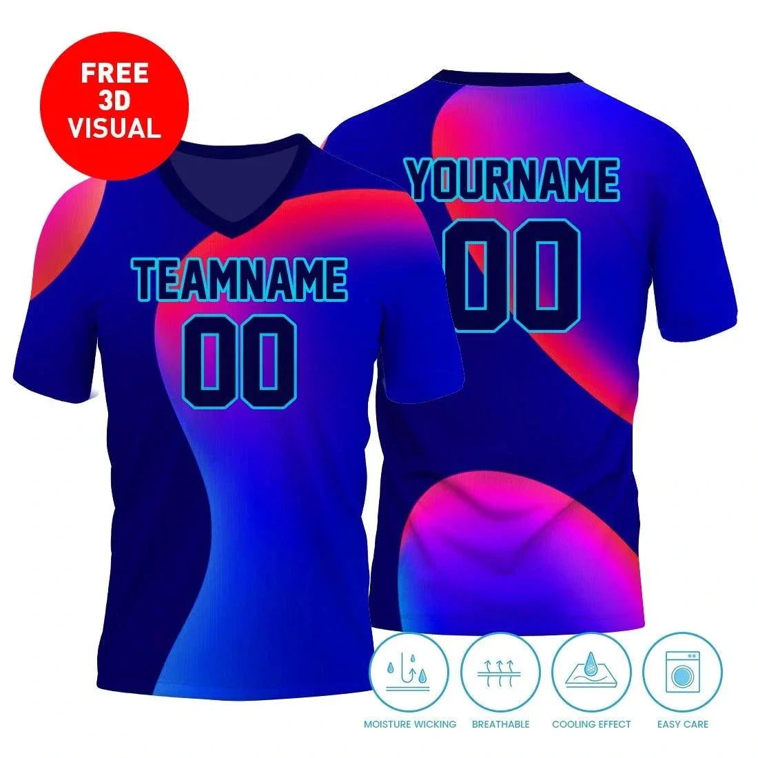 Front and back of a red and black custom V-neck T-shirt with sample team graphics