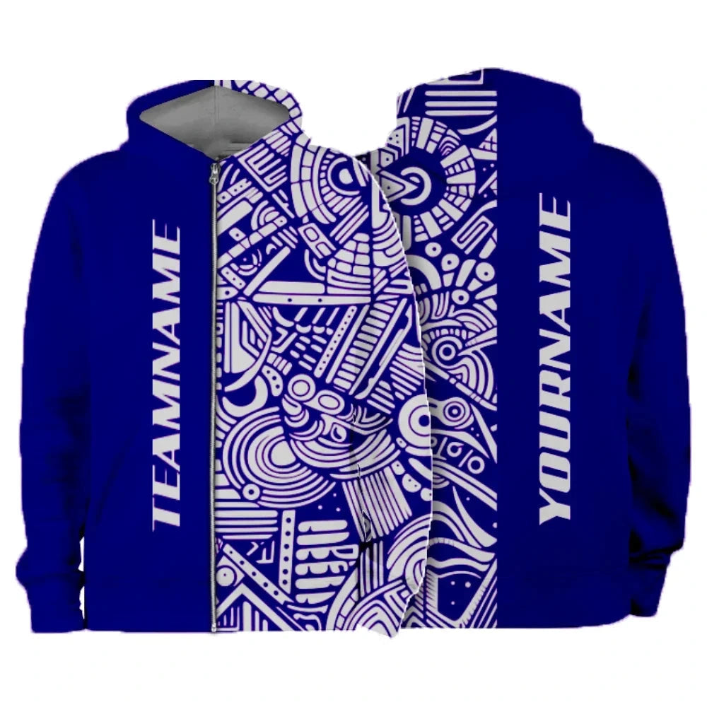 Blue and white patterned custom full-zip hoodie
