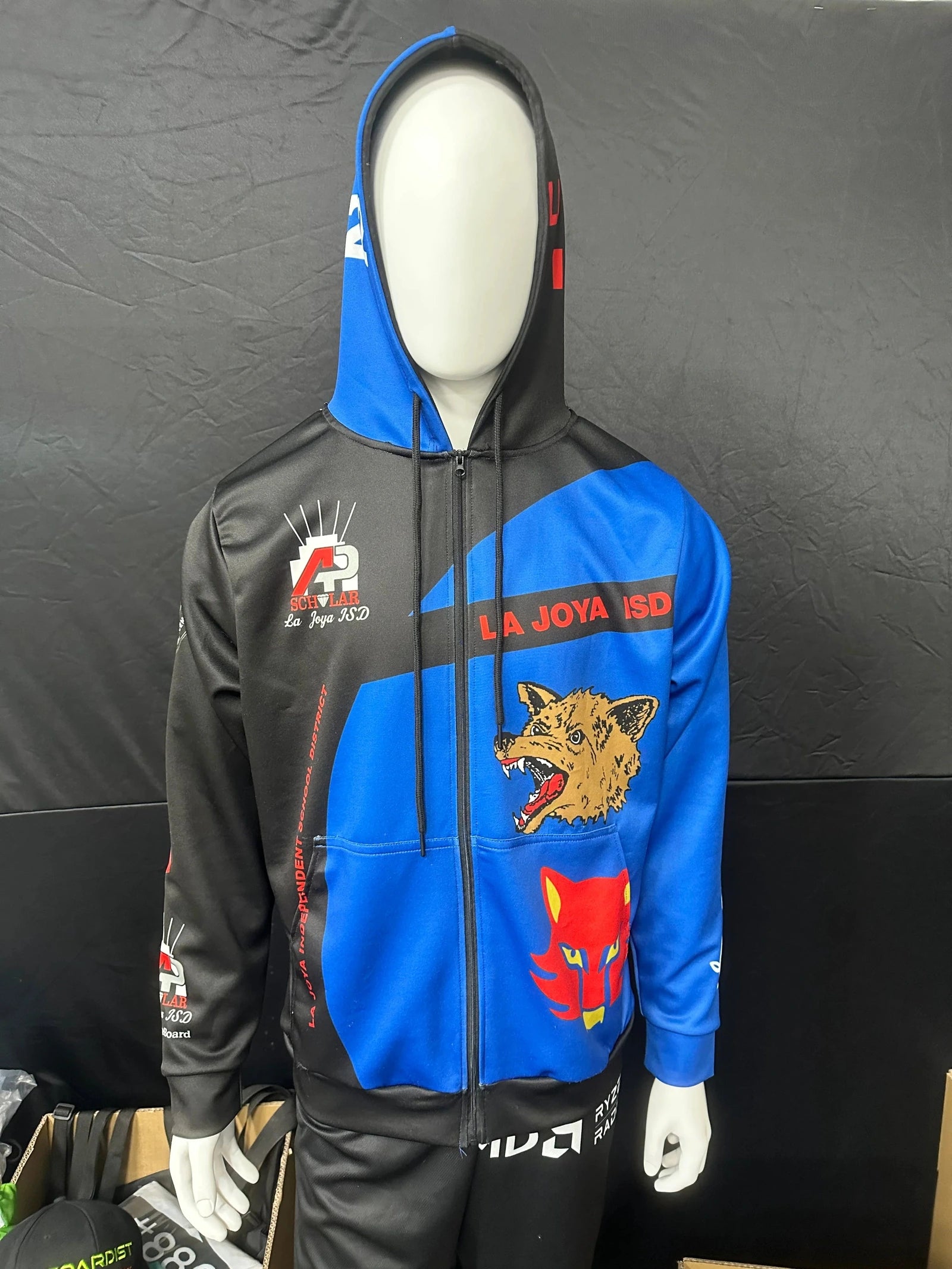 Front of a blue and orange custom full-zip hoodie on a mannequin