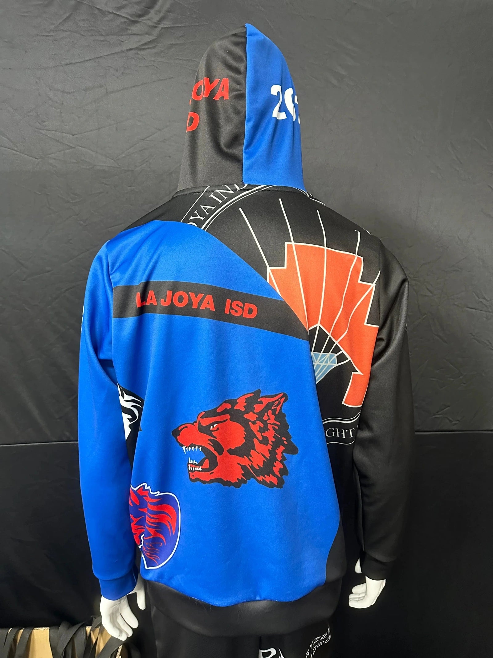 Back of a blue and orange custom full-zip hoodie