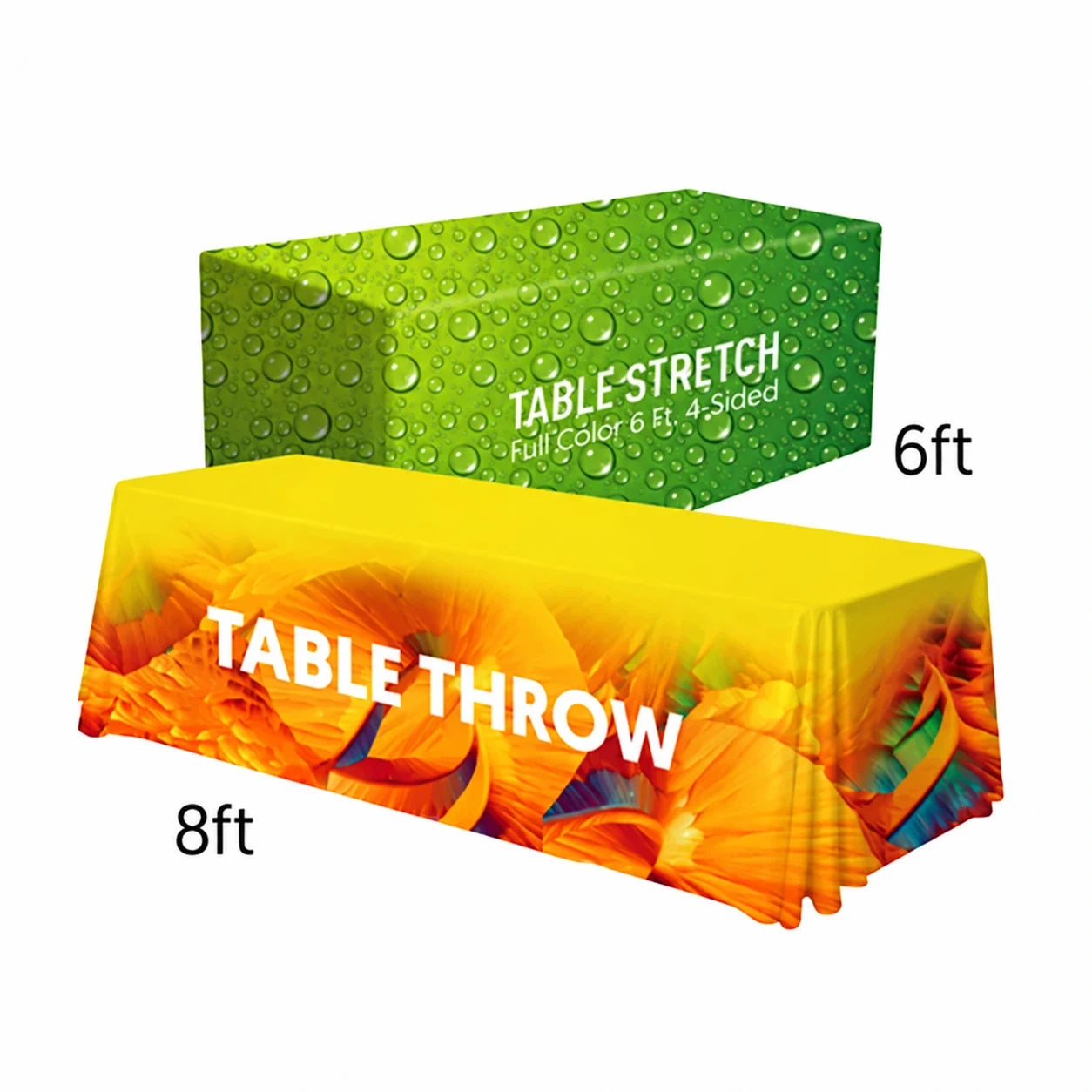 Convertible Custom Table Covers showing the available product format and example artwork