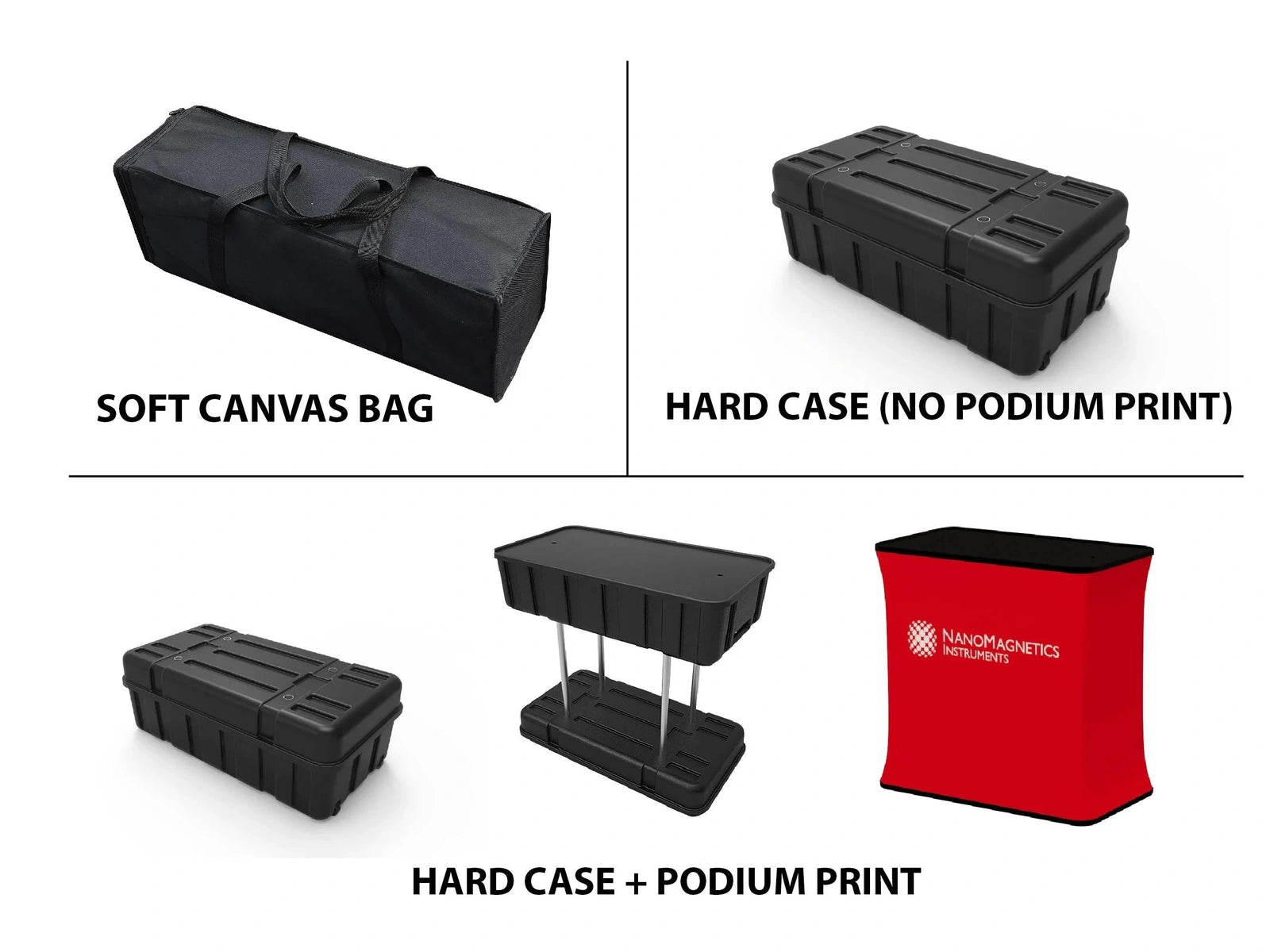 Pop-up display carry options including soft bag and hard podium case