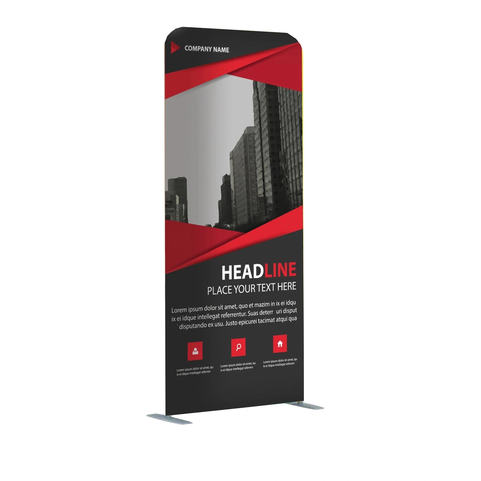 Deluxe vertical fabric banner stand with sample black and red graphic