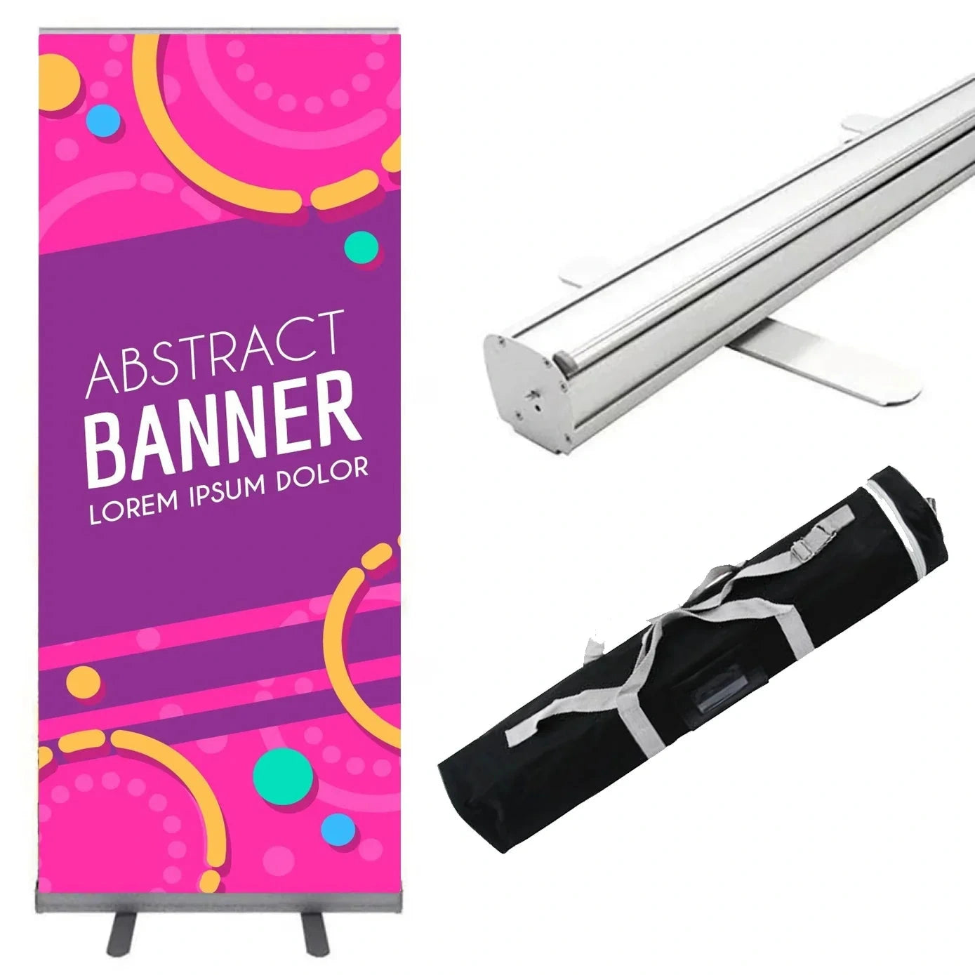 Standard retractable banner stand with sample graphic and carry bag