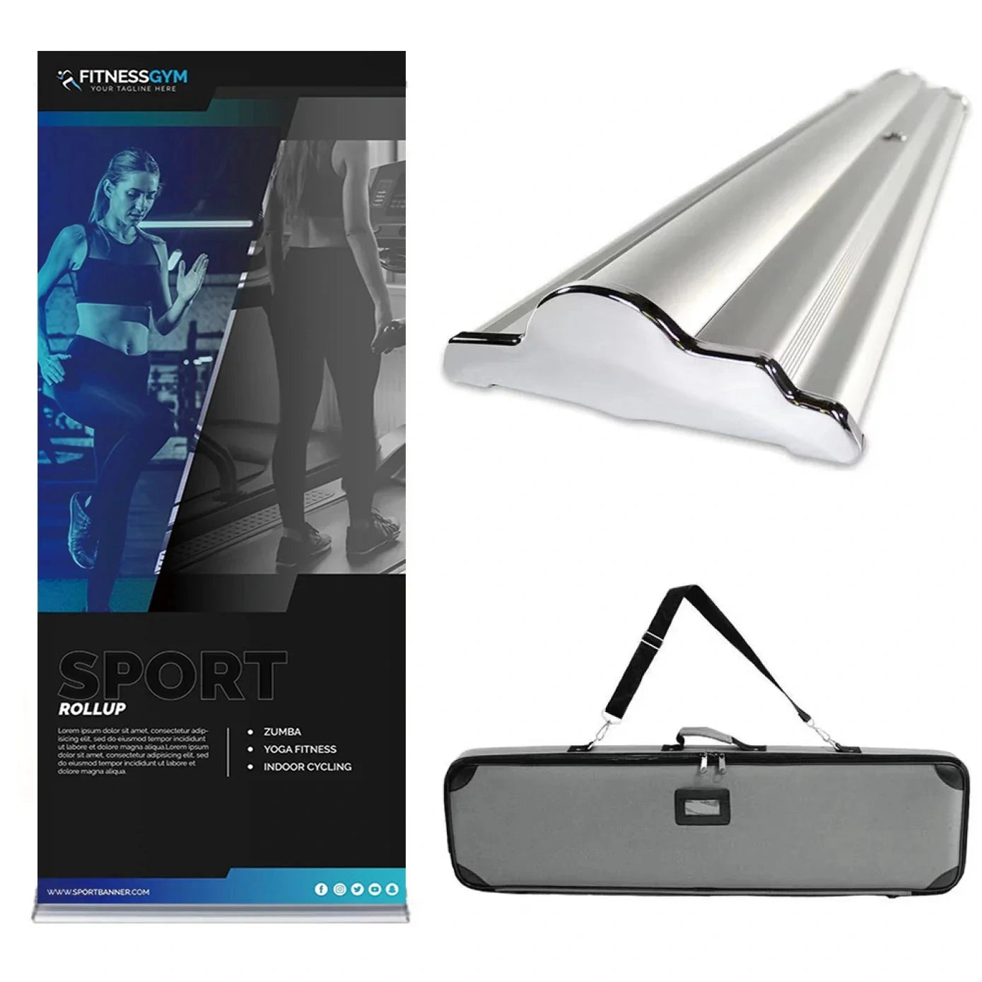Premium retractable banner with sample graphic, base and carry bag