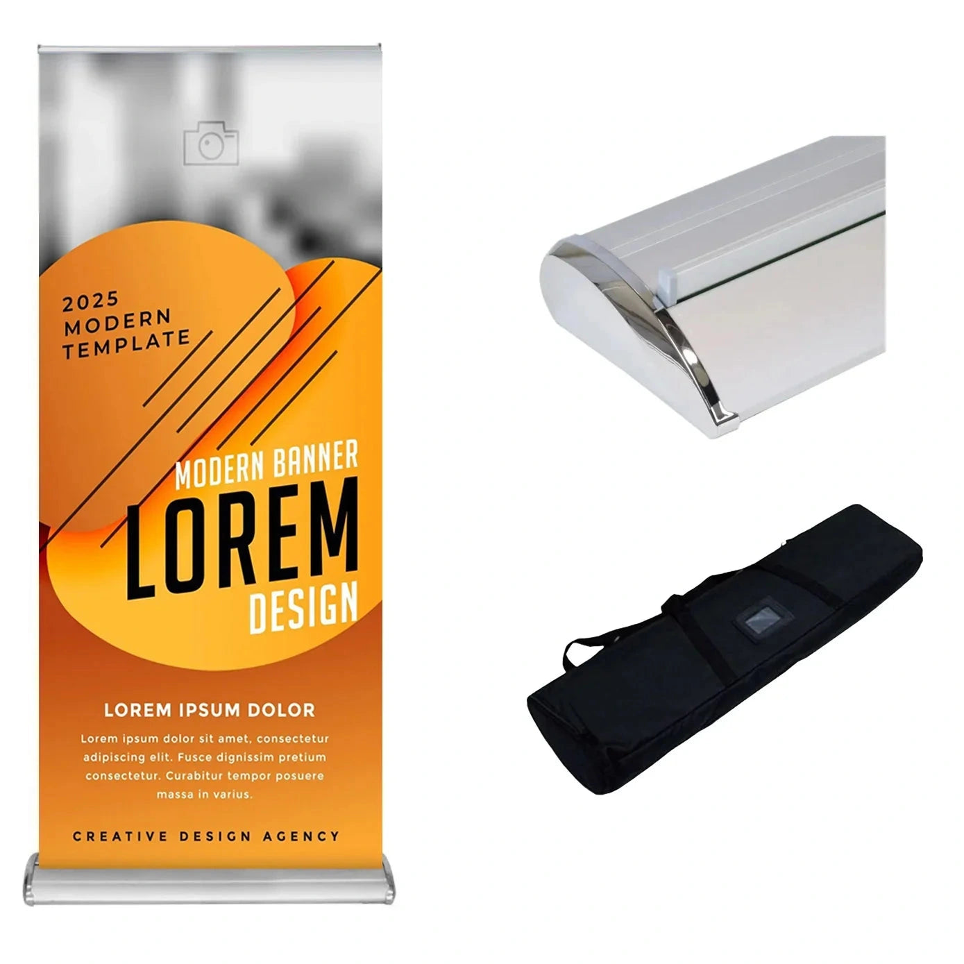 Deluxe retractable banner with sample graphic, base and carry bag